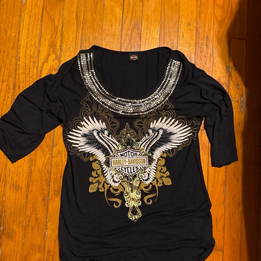 Harley Davidson Jeweled Three Quarter Sleeve Shirt  Black Sz M
Womens